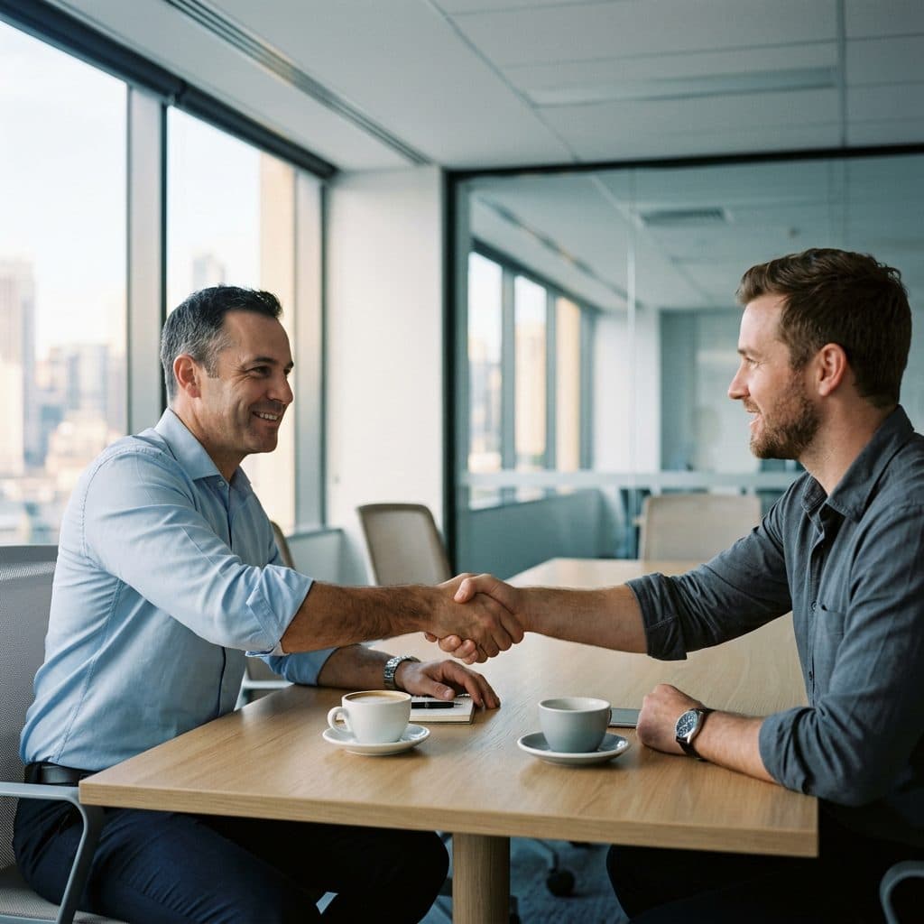 Two businessmen shaking hands over coffee in a meeting room