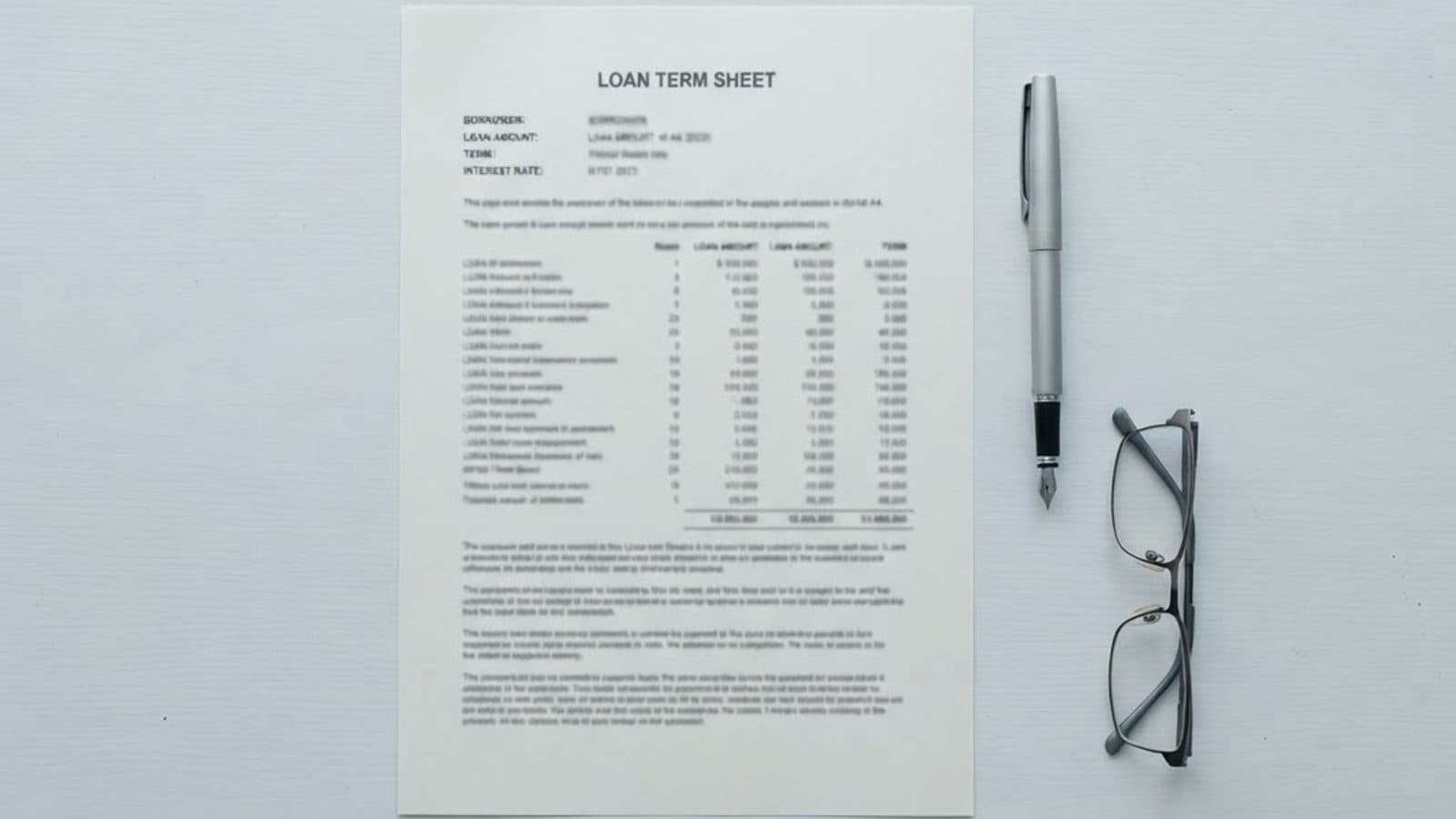 A loan term sheet on a pale desk beside a pen and reading glasses, shot from above