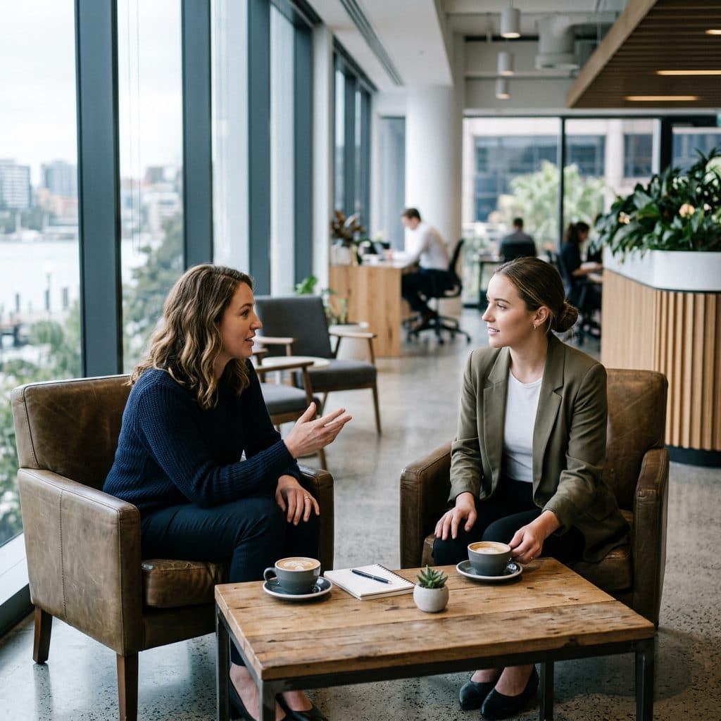 Two businesswomen discussing over coffee in a modern office lounge